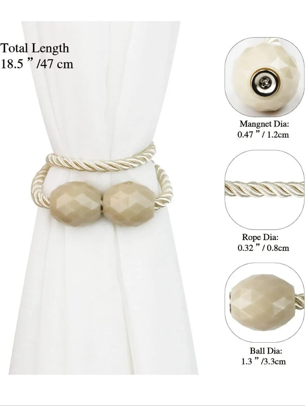 NWT 10 Beige Magnetic Curtain Tieback - Elegant Rope & Faceted Beads